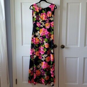 VINTAGE UI-MAIKAI HAWAIIAN FLORAL BARKCLOTH COTTON DRESS SMALL